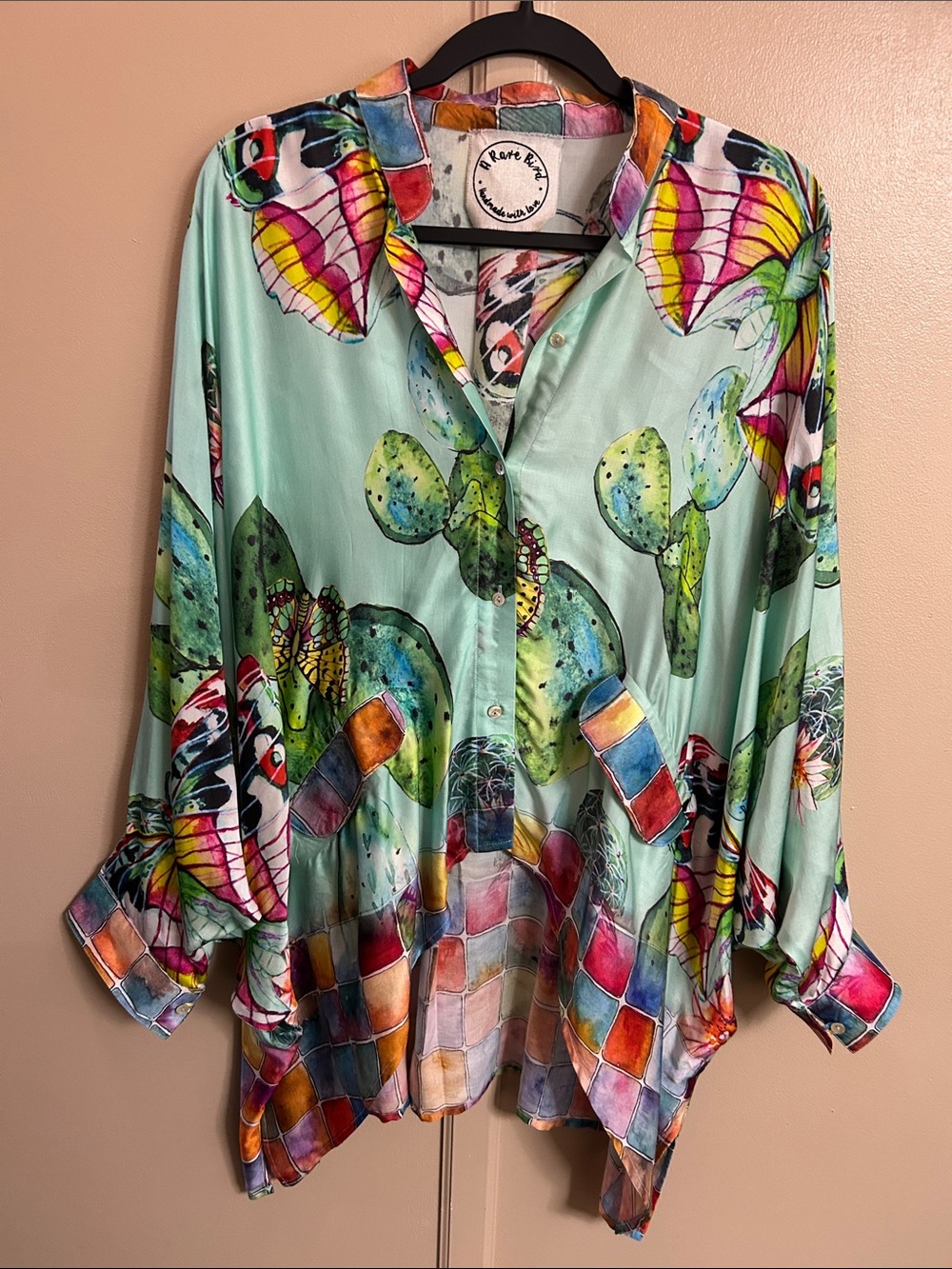 Mint Multi-Color Watercolor Print Button-Up Blouse
